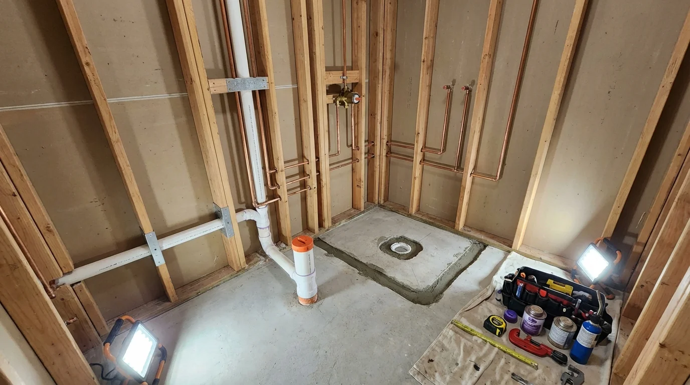 Bathroom rough-in plumbing during remodel by Johns Plumbing LLC in New Market