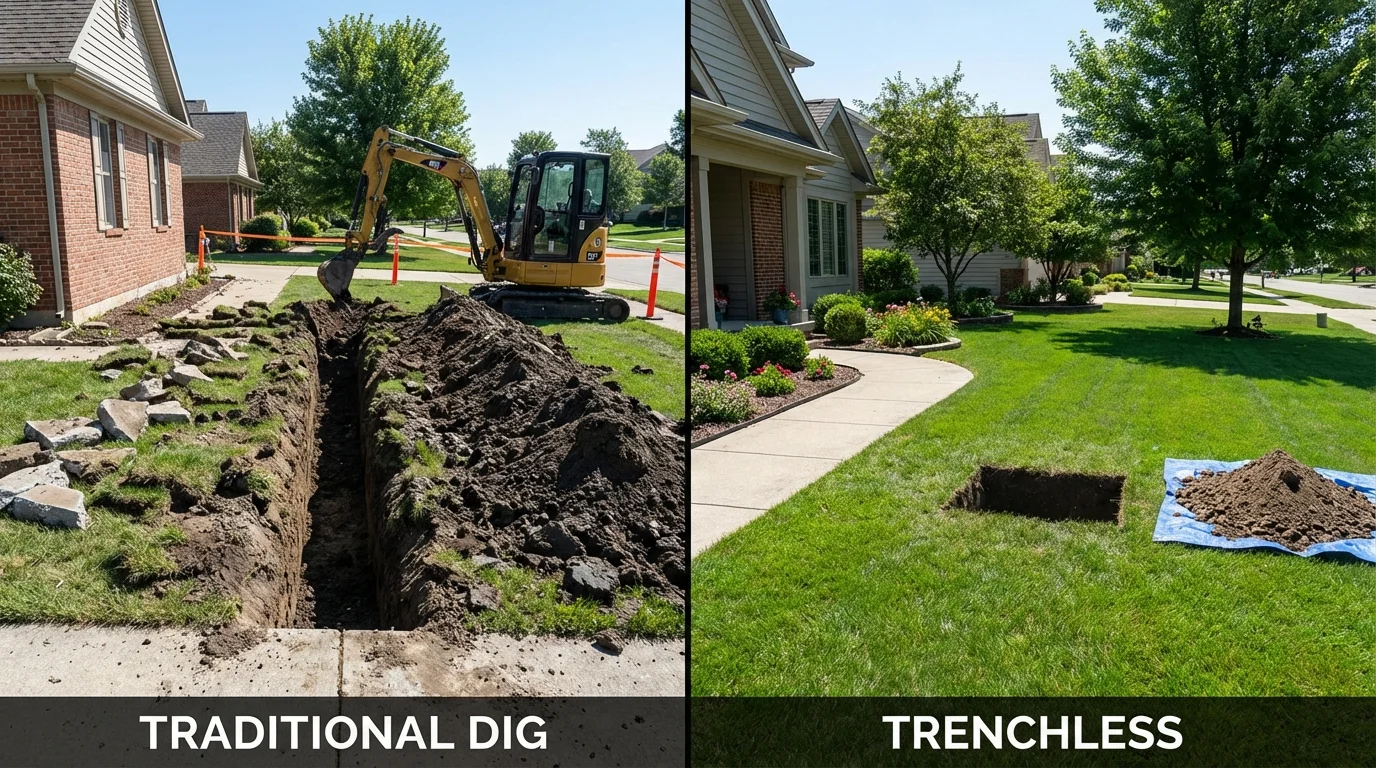 Trenchless sewer repair with minimal yard damage versus traditional excavation in New Market, TN