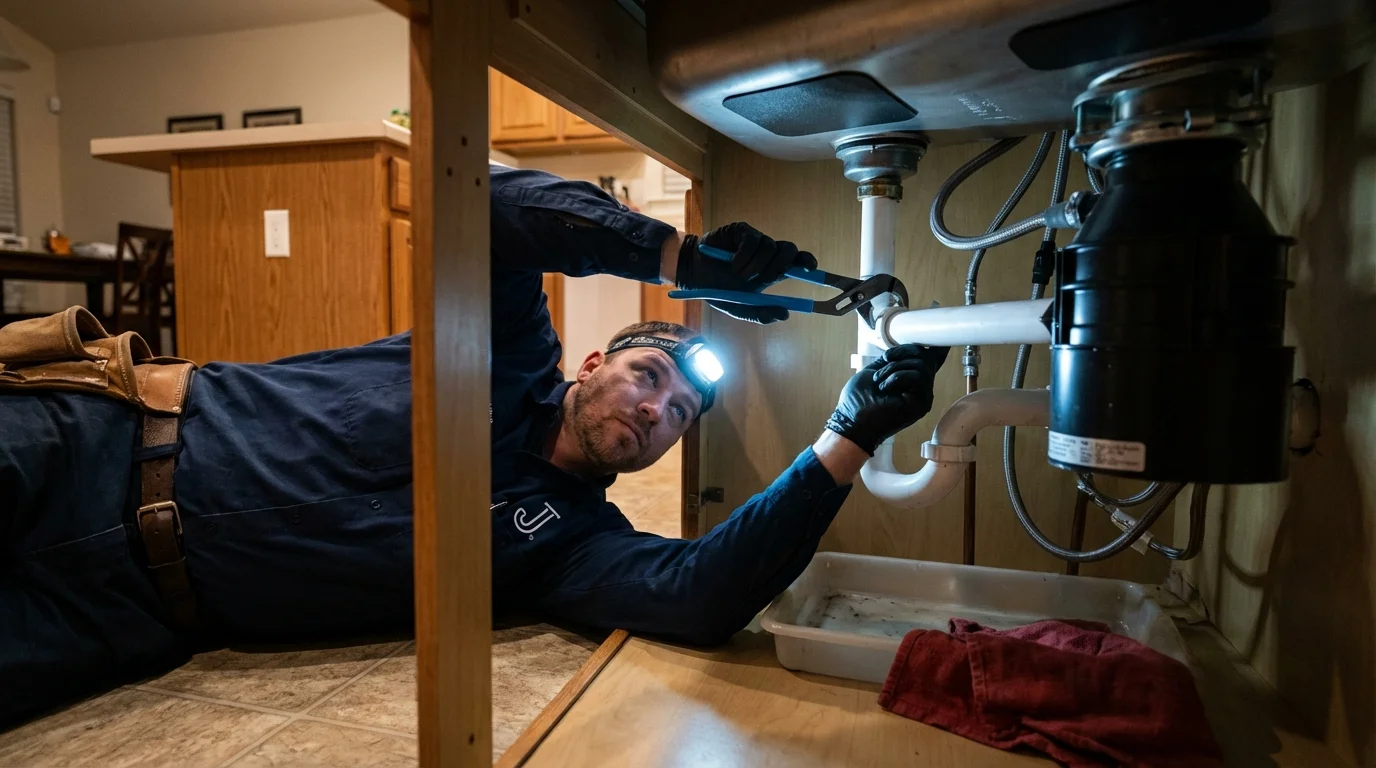 P-trap and supply line connections under a kitchen sink showing a common leak point in New Market, TN